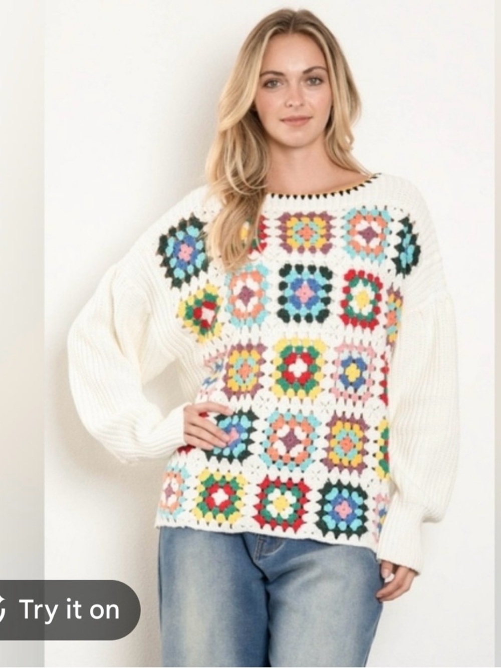 Blue Velvet Brianna Granny Square Knit Long Sleeve Sweater Medium